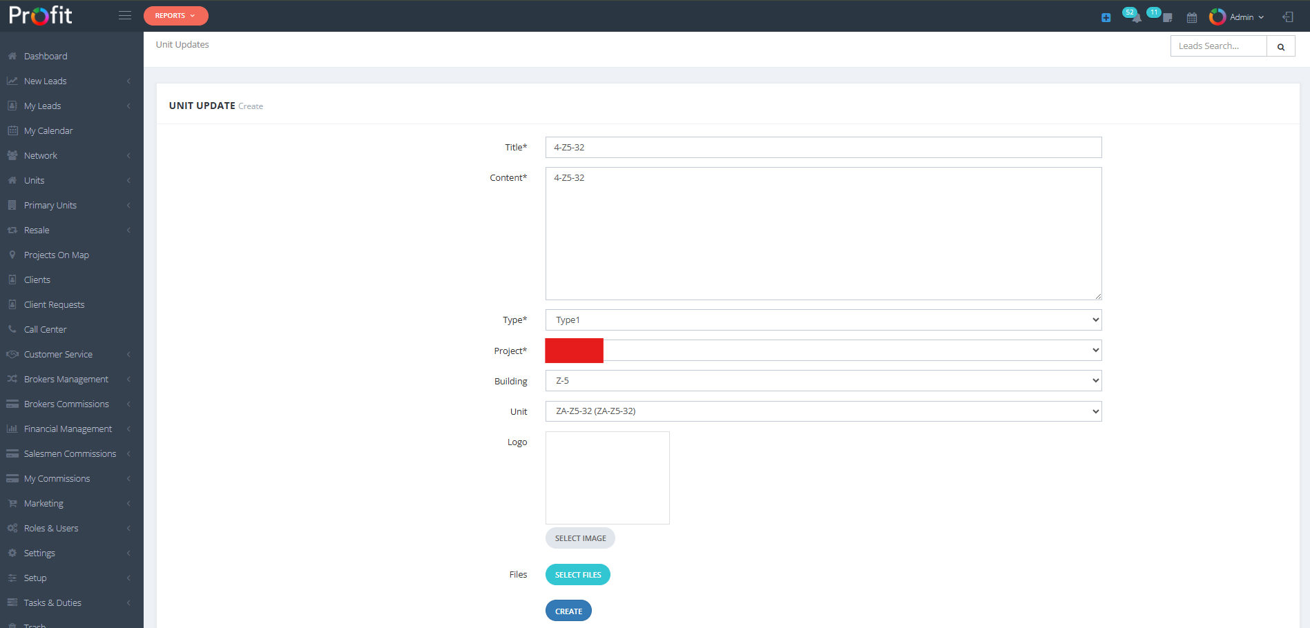 Unit Update Create Interface